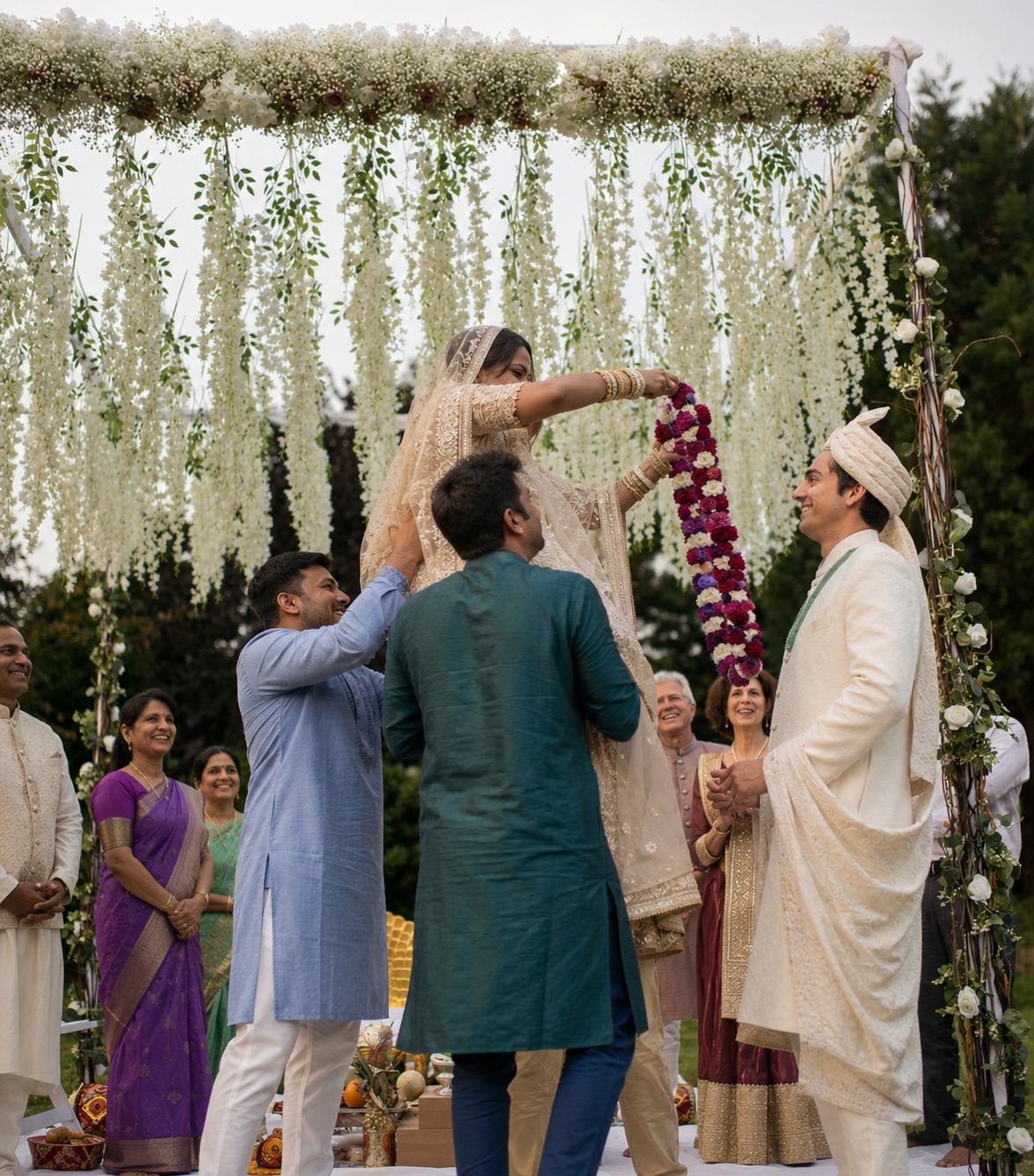 Floral mandap with the couple under it
