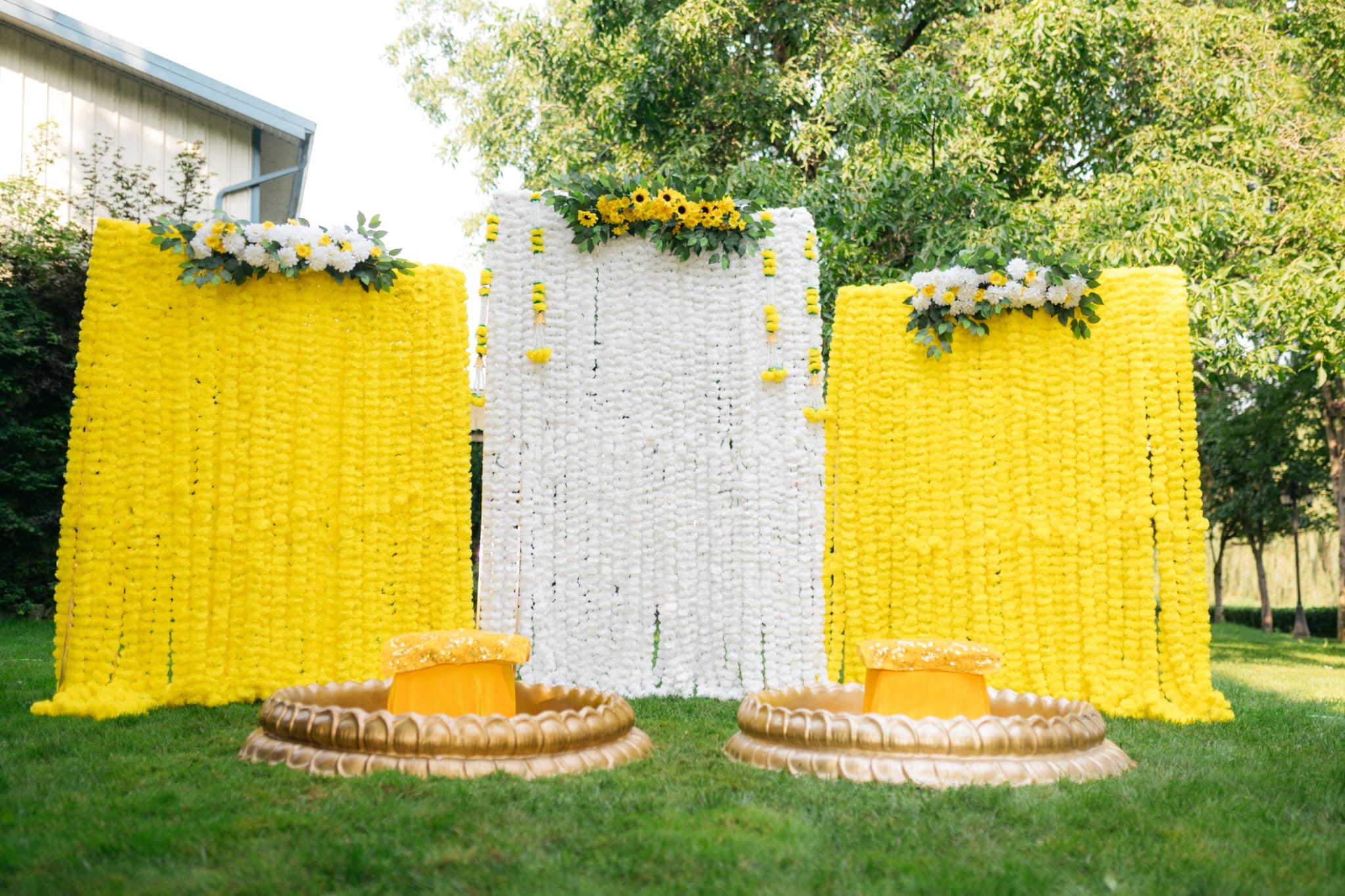 Yellow and white marigold haldi backdrop