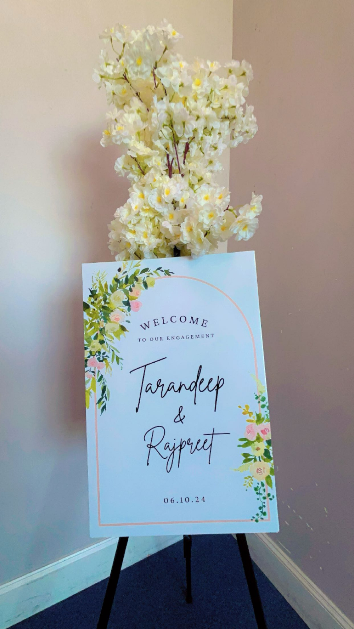 Engagement welcome easel with white cherry blossoms