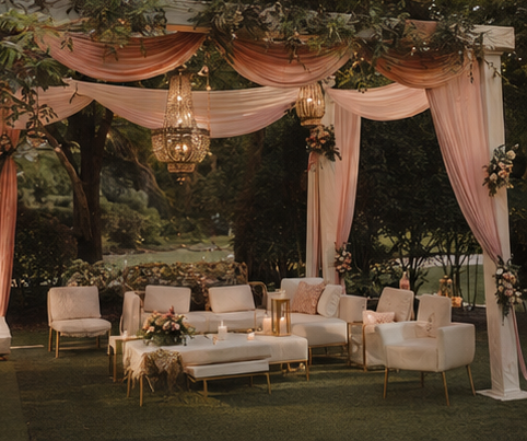 Peach drapery pavilion lounge with chandeliers
