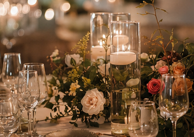 Floating candles with greenery and roses