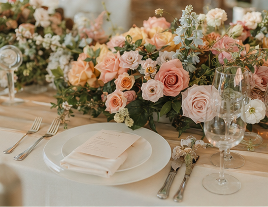 Peach and coral floral tablescape with menu