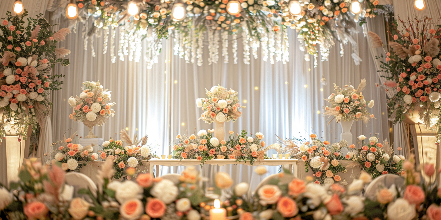 Peach and white floral wedding setup with cascading lights